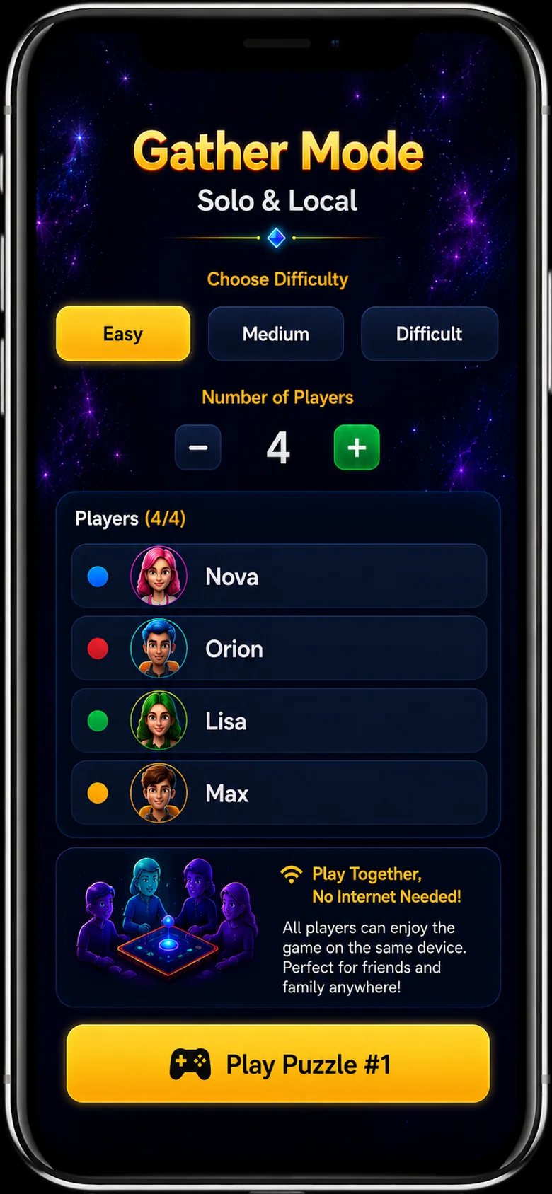 Mindisles gather mode, with several players taking turns on one device
